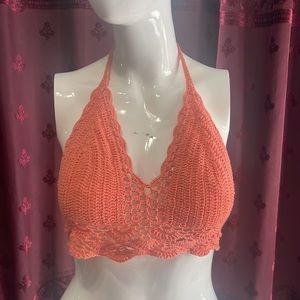 Coral Crochet Tye Bikini Crop Top Hand Knit Size XS